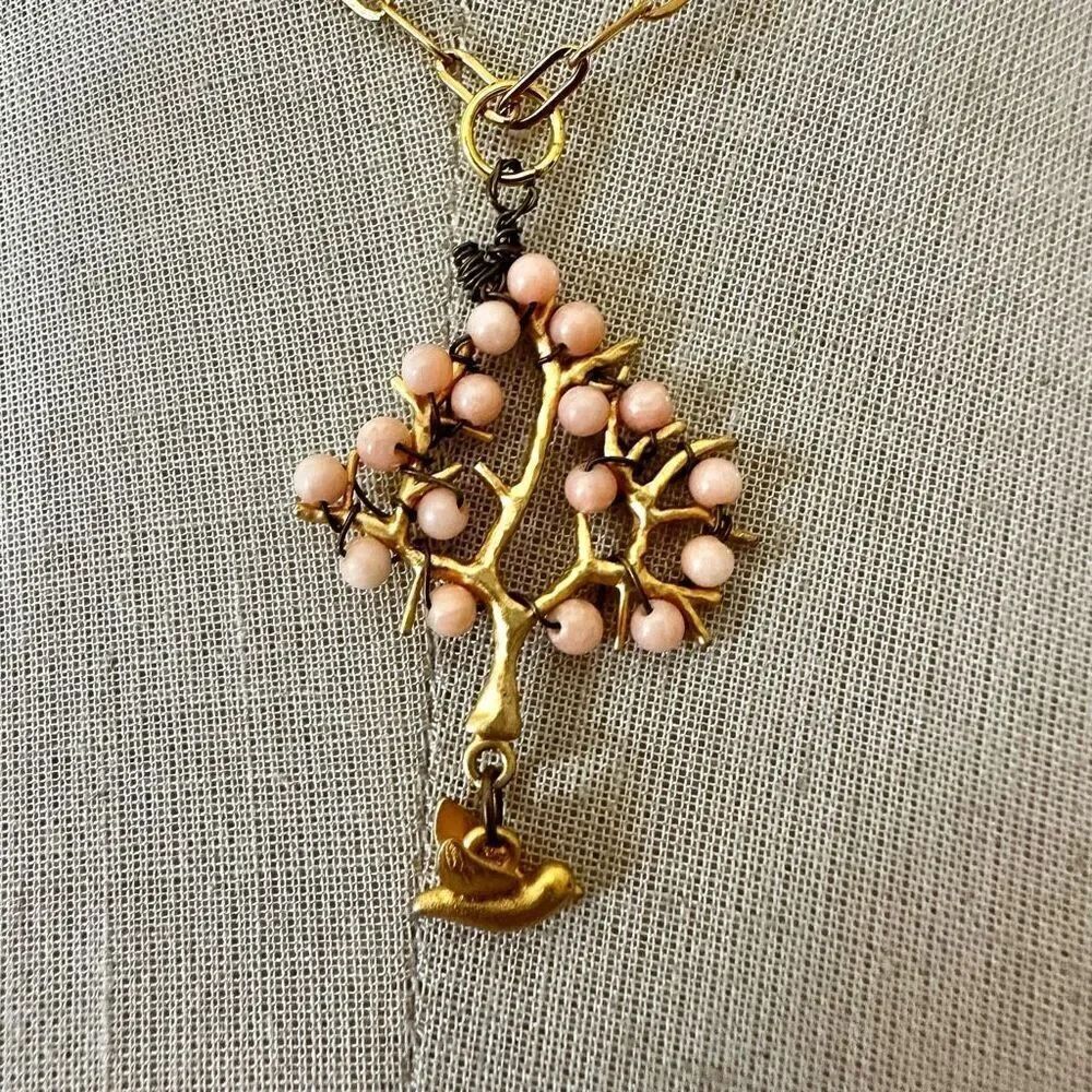 Vintage Tree of Life Necklace with Pink Beads & Bird Charm